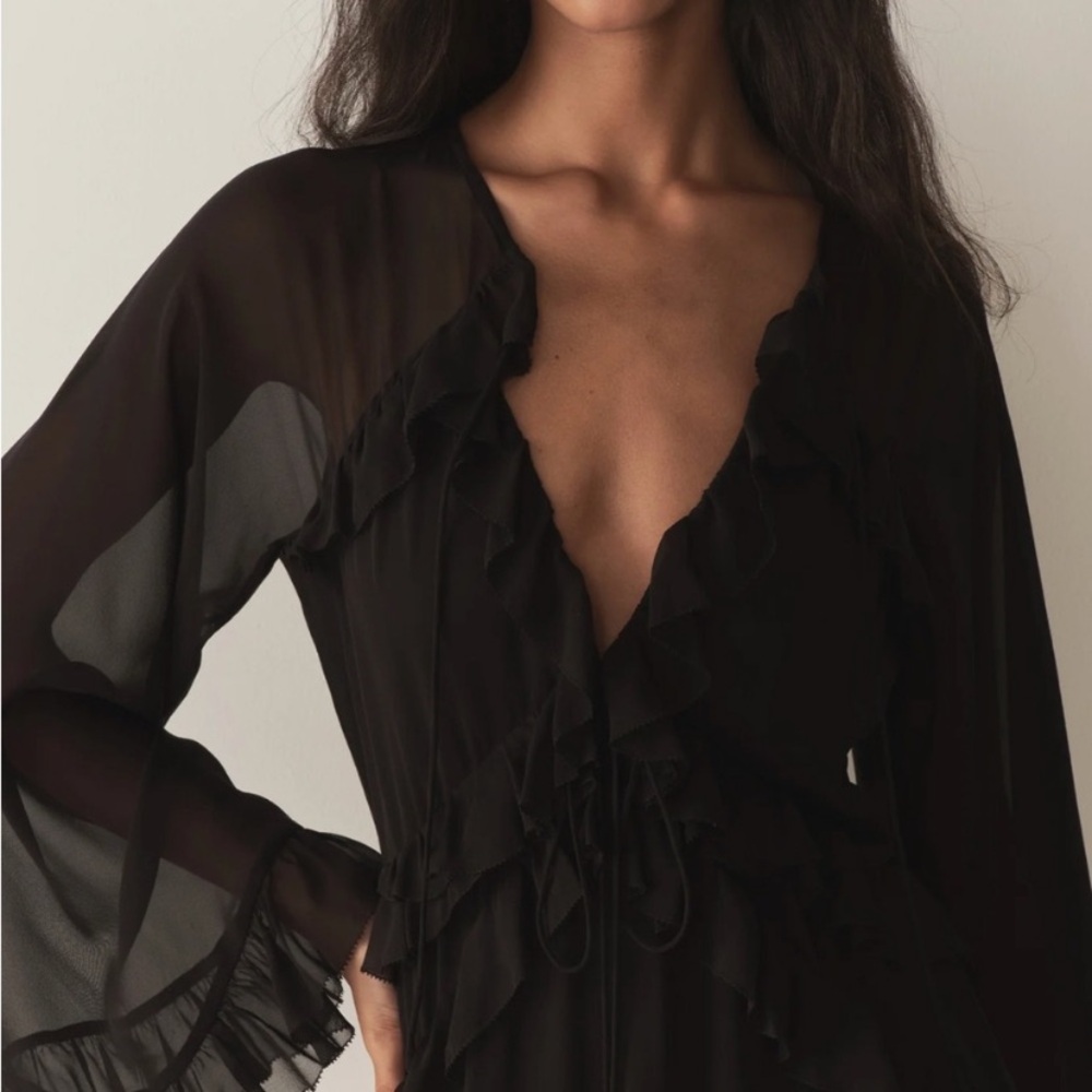 NWT Doen Clarisse Silk Ruffle Flowy Sheer Long Sleeve Mini Dress Black - Picture 3 of 15